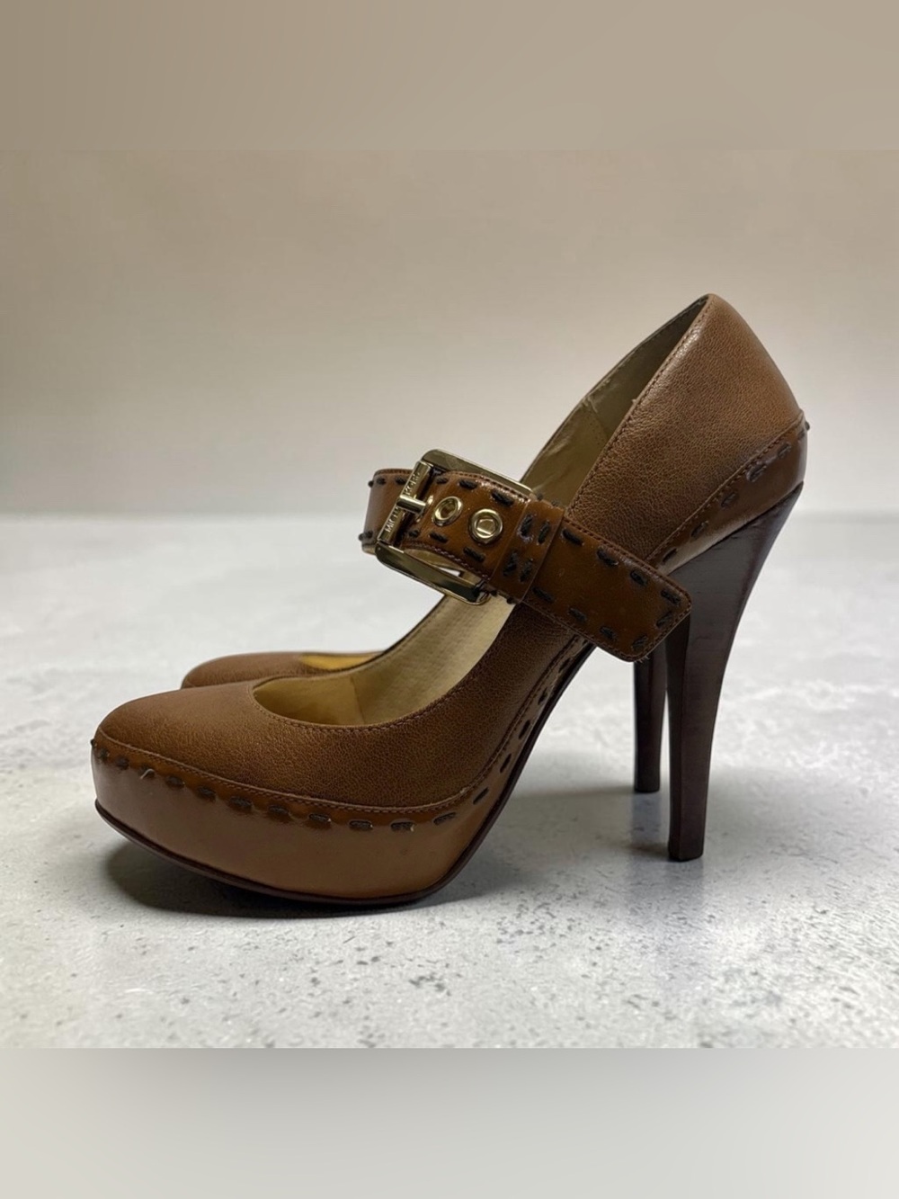 Michael Kors Platform Mary Janes Y2K Brown Leather High Heel Gold Buckle Pump 7M